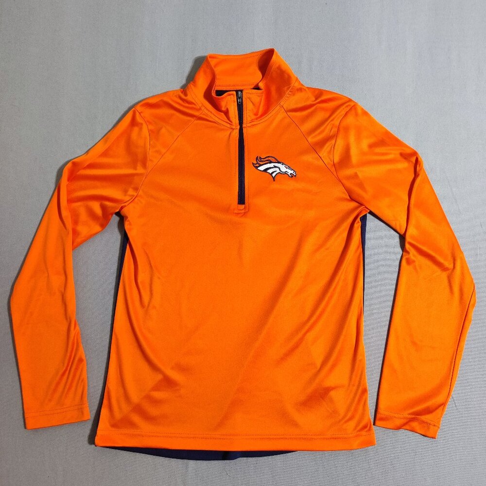 NFL Denver Broncos 1/4 zip up long sleeve shirt boys L (14-16) orange navy blue